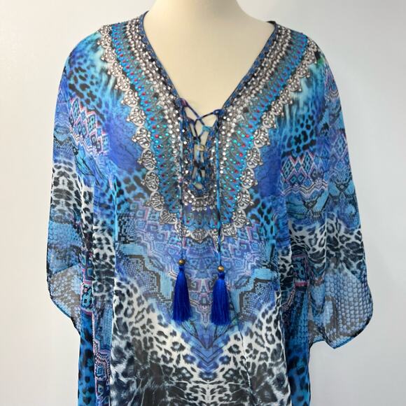 La Moda True Colours Jungle Adventures Cross Lace Kaftan Tunic Animal Print OS - Picture 2 of 9